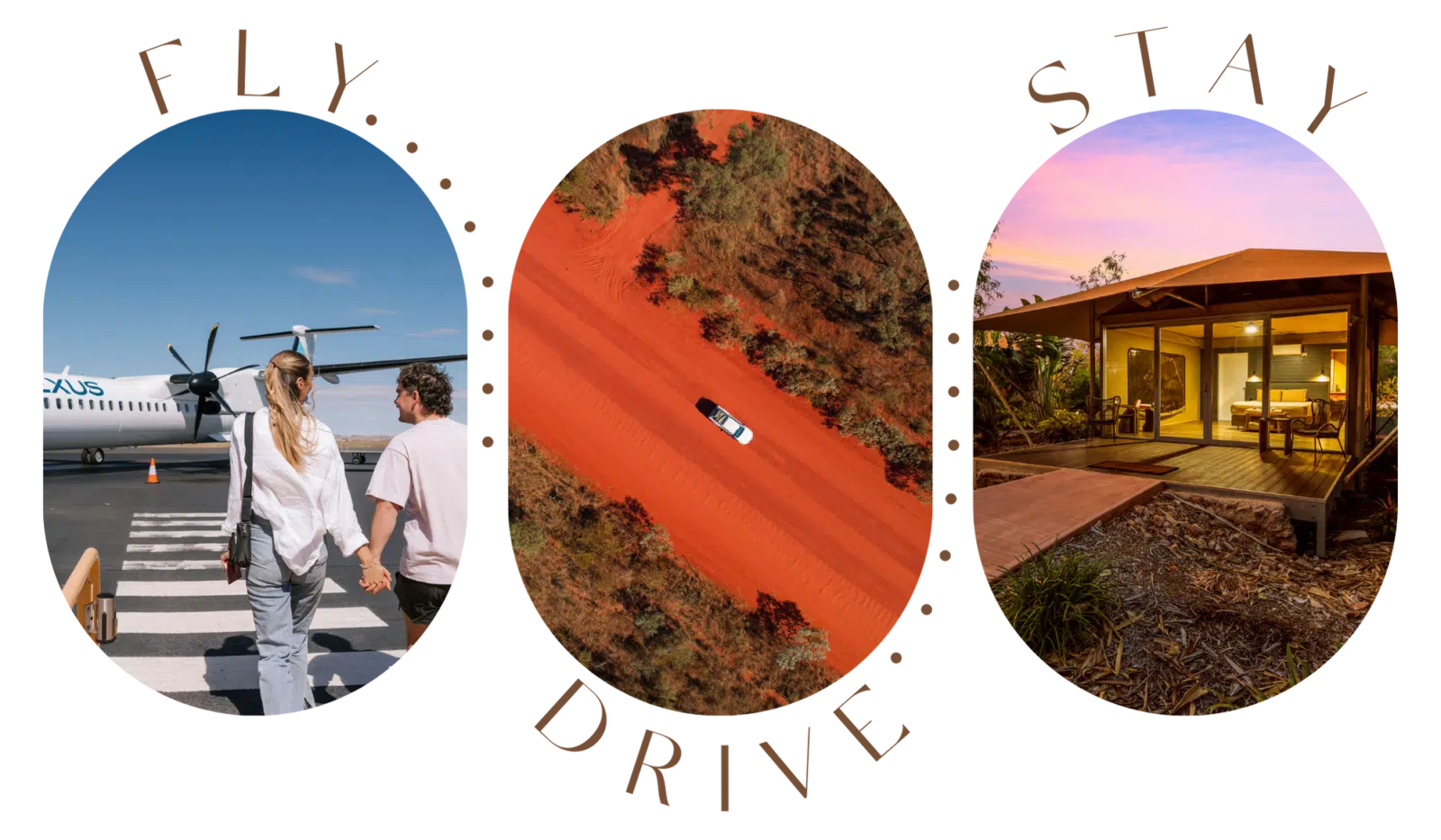 Three images, one with a couple walking on the tarmac towards a Nexus Airlines plane ready to embark on their journey to Broome, a second image with a car travelling through the red pindan dirt of Cape Leveque road, and a third of a Pearler's Village Safari Tent to showcase the Fly, Drive & Stay promotion during the wet season of 2024.