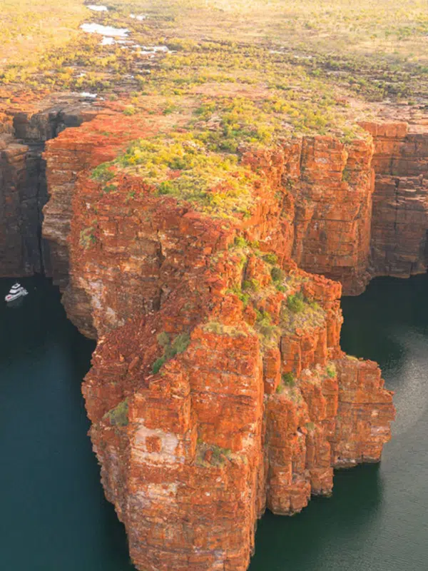 An aerial view of a cliff face, showing expansive red rock and scattered green shrubs.
